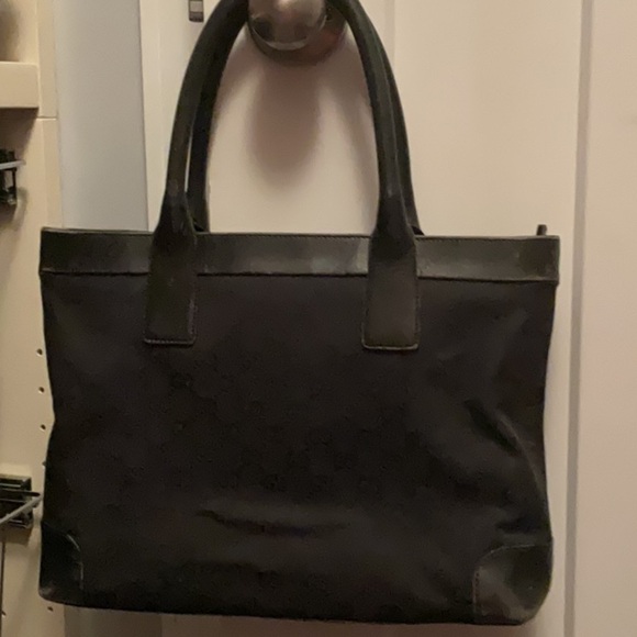 Authentic GUCCI Black GG Nylon Monogram Leather Abbey Medium Tote Bag - Picture 1 of 11